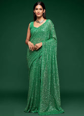 Faux Georgette Sequins Work Saree in Mint  Green